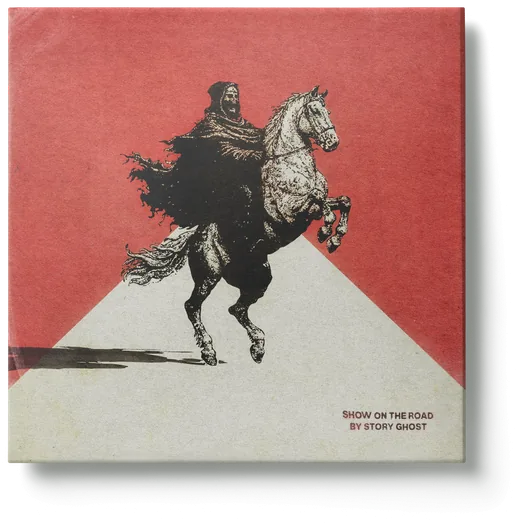 Show on the Road by Story Ghost. A hooded rider on a rearing horse, over red and white.