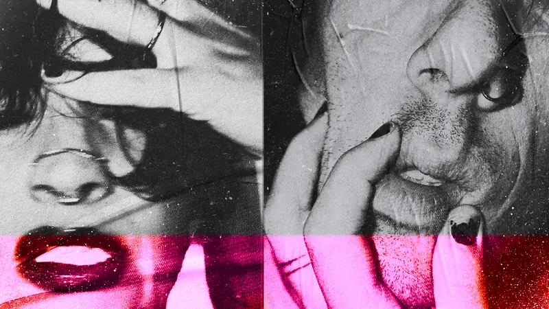 Two black and white close-ups with a magenta band across the lower third.