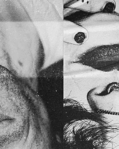 Jared and Amber in close-up, black and white